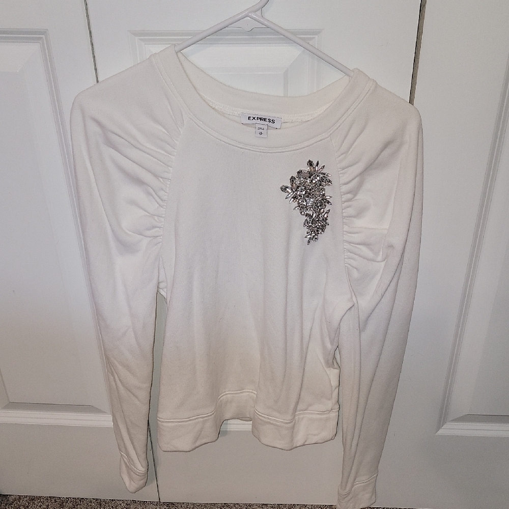 Express White Long Sleeve Top with Silver Embellishment
